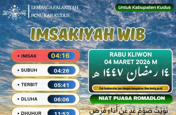 Jadwal Imsakiyah untuk Wilayah Kudus, 14 Ramadan 1447 H