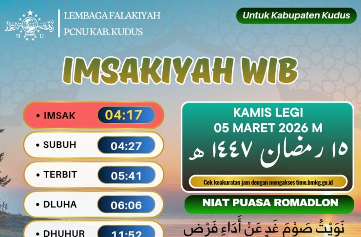 Jadwal Imsakiyah untuk Wilayah Kudus, 15 Ramadan 1447 H